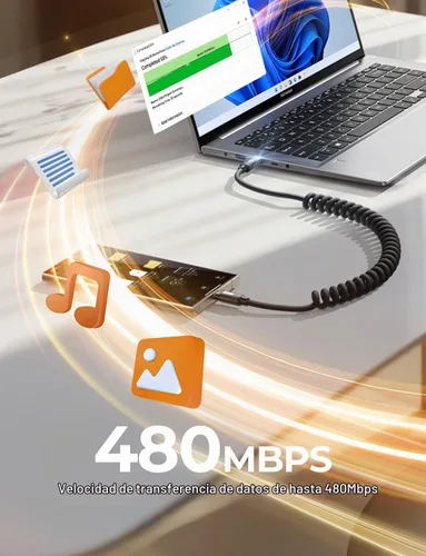 Vista 3 de LISEN Paquete de 2 cables USB C a USB C en espiral de 60 W para Android Negro espacial
