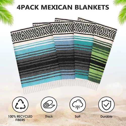 Vista 3 de Oudain 4 mantas mexicanas tejidas a mano a granel, manta de yoga mexicana colorida falsa serape, manta tejida bohemia para acampar al aire libre