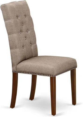 Vista 4 de East West Furniture ELP3T16 Elsa Parson - Juego de 2 sillas de comedor tapizadas de tela de lino color caqui oscuro con ribete de cabeza de clavo
