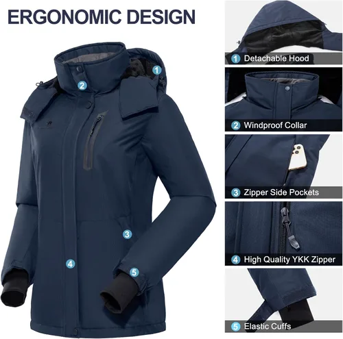 Vista 4 de CAMEL CROWN Chaqueta de esquí para mujer, impermeable, cálida, para invierno, con capucha, rompevientos, rompevientos, resistente al viento
