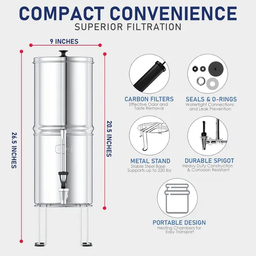 Vista 3 de USWF - Sistema de filtro de agua alimentado por gravedad, acero inoxidable de 2.25 galones, con 2 filtros de carbono, portátil con espiga de vidrio