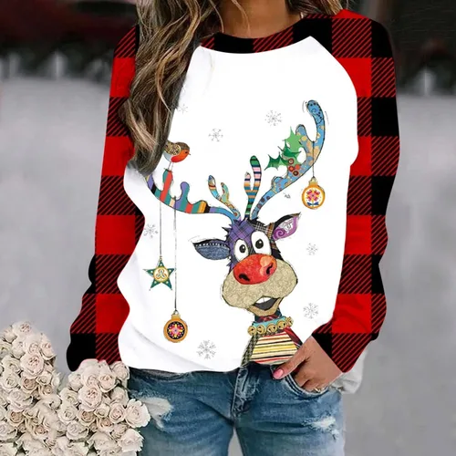 Vista 2 de Camisas de Navidad, camiseta de moda para mujer, cuello redondo, manga larga, hombros caídos, top 2023, estampado navideño