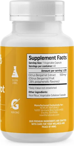 Vista 7 de NewLife Naturals Suplementos de bergamota cítrica de 500 mg - Salud del corazón - Suplemento para el bienestar y el envejecimiento - Fórmula