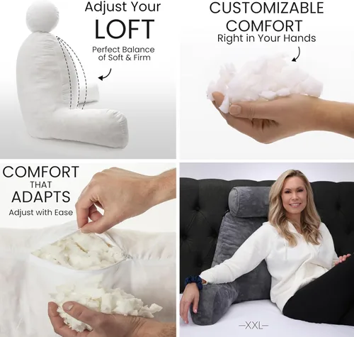 Vista 2 de Husband Pillow Backrest with Arms - Adult Reading Pillow with Shredded Memory Foam, Ultra-Comfy Removable Microplush Cover & Detachable Neck Roll