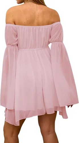 Vista 2 de ETATNG Vestido de verano para mujer, con hombros descubiertos, con cordones, cintura alta, para fiesta, viajes, irregular, mini vestido acampanado