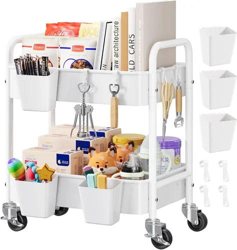 Vista 12 de Carrito pequeño de 2 niveles beige con ruedas, carrito de pañales para artículos esenciales para el cuarto de bebé, carrito de metal para debajo