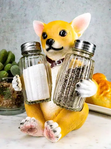 Vista 8 de Ebros Picante - Juego de figuras de taza de té de color marrón claro, chihuahua con collar, salero y pimienta, 6.25 pulgadas de alto, Chi Chi Taco