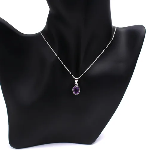 Vista 5 de Collar con colgante ovalado de piedra preciosa natural de Amatista de corte brillante, diseño zodiaco, piedra natal, cristales curativos, joyería
