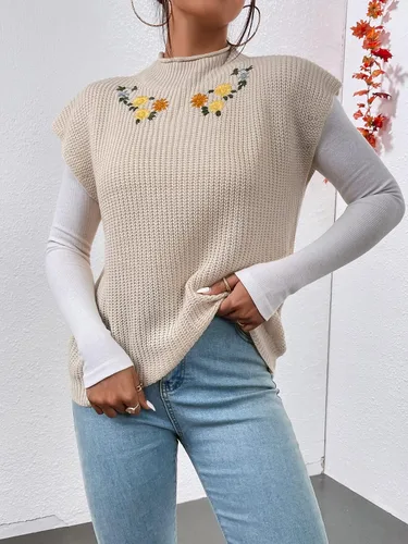 Vista 5 de Floerns Chaleco de suéter con cuello alto bordado floral para mujer