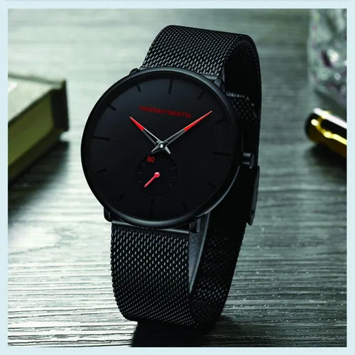 Vista 5 de HANNAH MARTIN Reloj de pulsera ultrafino negro para hombre, vestido impermeable de moda, correa de acero inoxidable