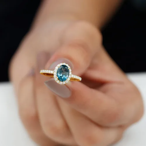 Vista 13 de Anillo de compromiso de topacio azul natural de Londres de 0.236 x 0.315 in, calidad AAA, anillo solitario de diamante de topacio azul, listo