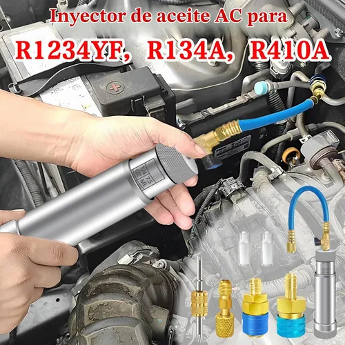 Vista 7 de Inyector de tinte de CA con válvula de cierre, inyector de aceite de CA para R1234yf R134a R410a, inyector de tinte 1234yf con función de prevención