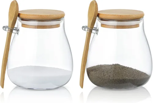 Vista 8 de Joeyan Tarro de vidrio con tapa hermética de bambú y cuchara adjunta, recipiente de condimentos para especias de azúcar y sal de 12 onzas, olla
