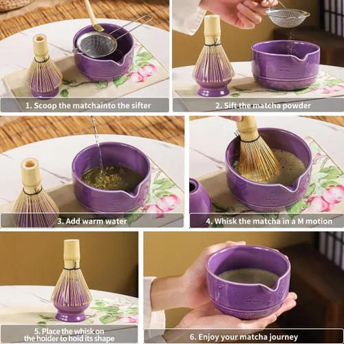 Vista 3 de Juego de Matcha, Kit de 8 Piezas de Tazón y Batidor de Cerámica con Patrón de Setas, Chawan Japonés Tradicional, Chasen de Bambú, Cuchara y Tamiz