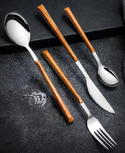 Vista 7 de Wood Silverware Set for 6 Modern Cutlery Utensils 18/10 Stainless Steel Flatware Set Wood Grain Handle 24 Piece Include Knives Forks and Spoons
