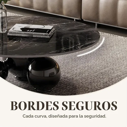 Vista 6 de Mesa de centro redonda moderna de mármol, 39.4 pulgadas, parte superior de aspecto de mármol negro con base de bola negra, mesa central para sala