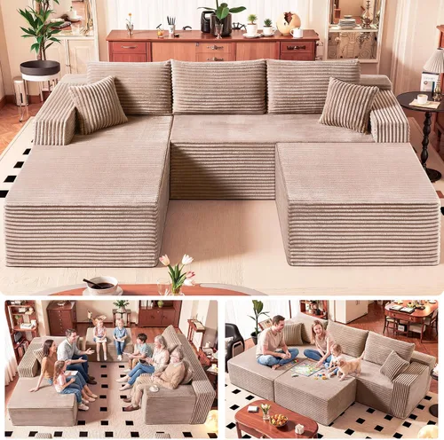 Vista 20 de Sofá modular negro de 108 pulgadas con otomana, sofá en forma de U en forma de nube para sala de estar, no necesita montaje, tela de pana de felpa