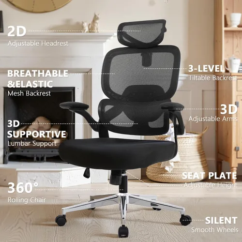 Vista 5 de Silla de oficina ajustable, silla de computadora ergonómica con soporte lumbar y reposacabezas, silla ejecutiva de respaldo alto con función