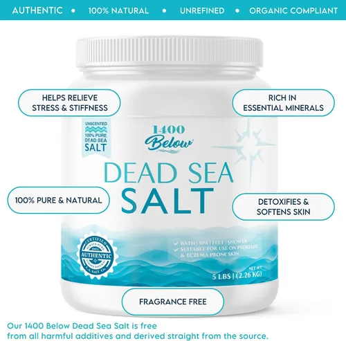Vista 2 de LA SALT CO 1400 por debajo de 5 libras en tarro de sal del mar muerto, grano fino – baño de pies y spa, exfoliante corporal, 100% puro y rico