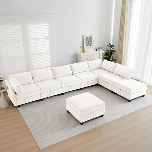 Vista 36 de ORRD Juego de sofá modular esquinero de gran tamaño, sofá convertible en forma de L con almacenamiento, sofá modular de 8 plazas con otomanas y Beige