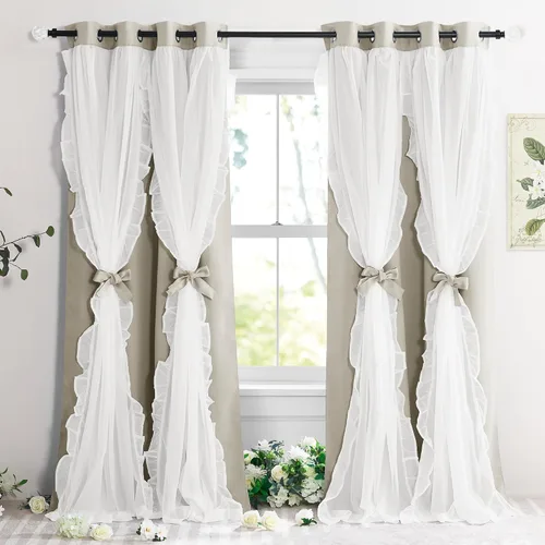 Vista 24 de PONY DANCE Cortinas con Volantes de Doble Capa con Superposición Transparente, Decoración Elegante para Ventanas de Diseño Rústico Francés de Campo