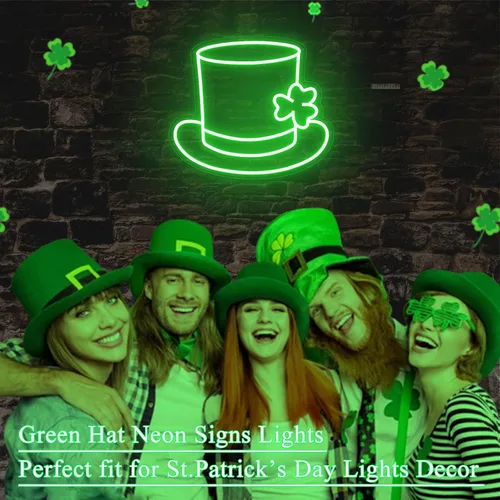 Vista 2 de Letrero LED de trébol de neón con diseño de trébol de San Patricio, color verde claro, sombrero de la suerte, trébol, para decoración de pared