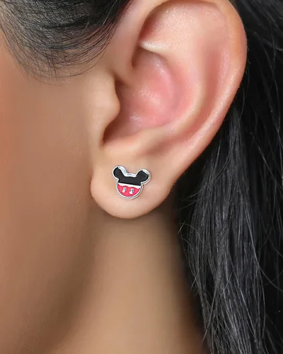 Vista 4 de Disney Pendientes Desiguales de Mickey y Minnie Mouse con Licencia Oficial, Aretes de Minnie y Mickey Bañados en Plata