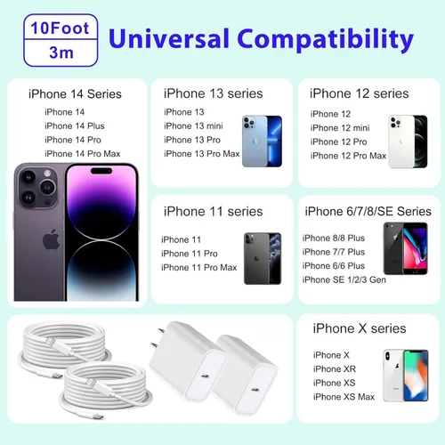 Vista 4 de Cargador para iPhone 14, paquete de 2 cables de carga rápida USB de 10 pies, cable Lightning de carga rápida, bloque de enchufe USB tipo C con cable