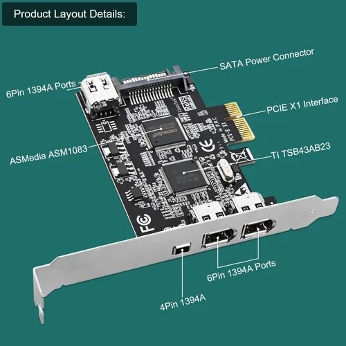Vista 6 de Tarjeta PCIE 1394A Firewire 400 de 4 puertos para Windows OS y PC MAC OS, TI TSB43AB23, 3 x 6 pines y 1 interfaz 1394A de 4 pines, con cables de 4