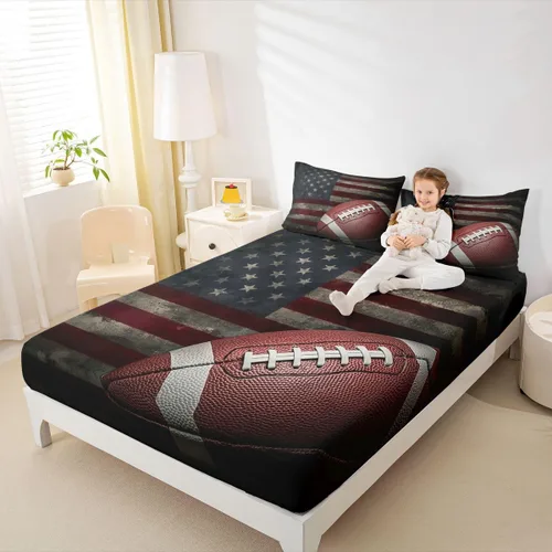 Vista 3 de Erosebridal Sábana bajera ajustable con la bandera estadounidense, sábanas de fútbol para niños, juego de ropa de cama de fútbol individual, juego
