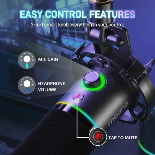 Vista 6 de MAONO Kit de micrófono dinámico, paquete de micrófono RGB para juegos para podcast Studio Streaming Grabación Vocal PD200X+BA37 negro