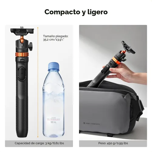 Vista 4 de K&F CONCEPT Palo de Selfie Trípode para Teléfono de 62 pulgadas, 2 en 1, ligero y extensible, soporte de trípode para teléfono celular con control