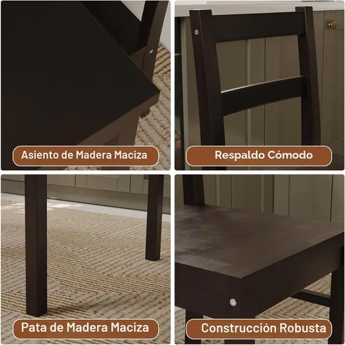 Vista 3 de Juego de mesa de comedor rectangular moderna de madera maciza de 5 piezas para 4, mesa y 4 sillas de comedor de madera maciza para cocina, bar, sala
