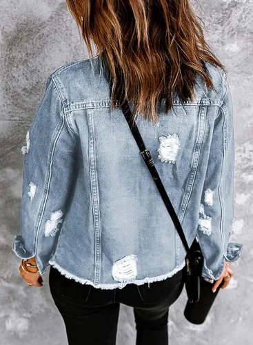 Vista 2 de EVALESS - Chaqueta de mezclilla lavada estilo novio para mujer