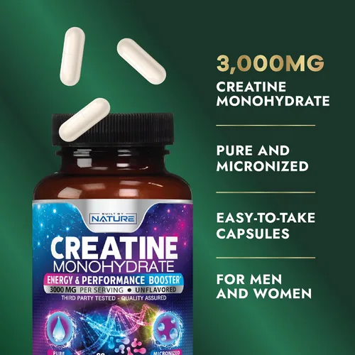 Vista 3 de Built by Nature Píldoras de monohidrato de creatina, suplemento de creatina micronizada para hombres y mujeres, fuerza muscular, energía