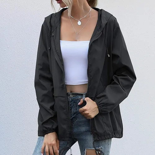 Vista 4 de Chubasqueros para mujer, chaqueta ligera impermeable resistente al viento, chaqueta de lluvia ajustable con capucha y bolsillos