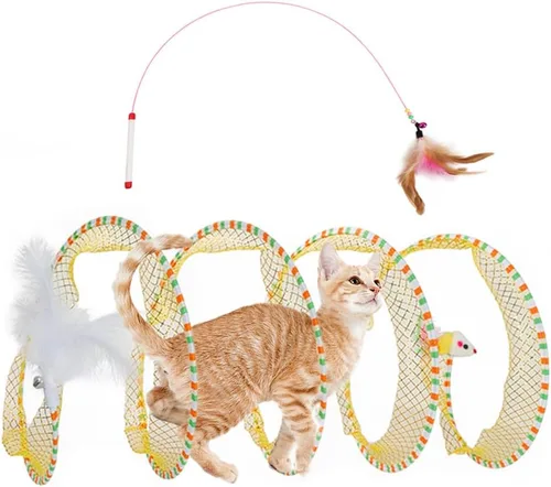 Vista 9 de Juguete de túnel en espiral para gatos, 25.59 pulgadas desplegado con varita de gato, plegable, túnel en espiral de caza con juguetes de ratón