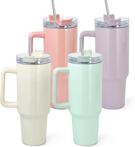 Vista 10 de AGH Vaso de sublimación de 40 onzas con asa y pajita, paquete de 4 vasos aislados de acero inoxidable, botellas de agua, vasos de viaje, color morado