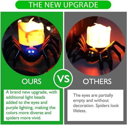 Vista 4 de Paquete de 6 velas LED sin llama de Halloween, velas LED de araña 3D con luz amarilla y morada cálida brillante, funciona con pilas, luces LED