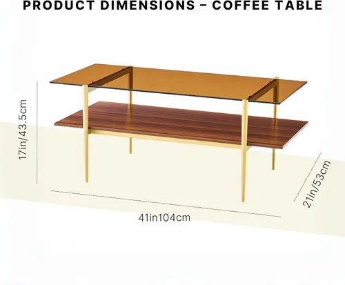 Vista 2 de Shrine - Mesa de café rectangular, diseño moderno de mediados de siglo, estructura de 2 niveles, parte superior de vidrio ámbar y estante de MDF