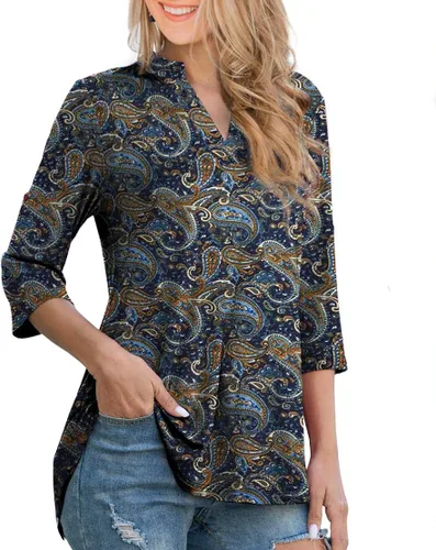 Vista 2 de Othyroce - Blusa estilo túnica con estampado floral para mujer, manga 34 enrollable, cuello en V