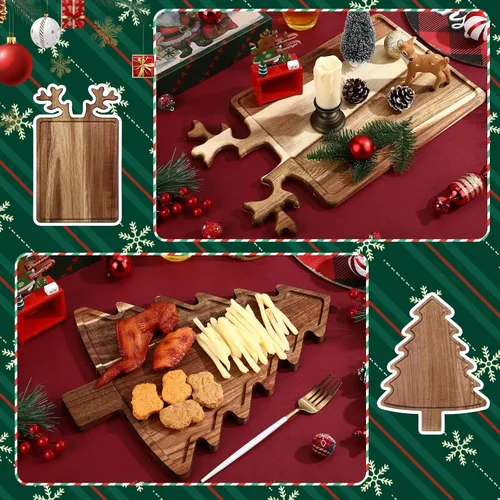 Vista 3 de Umigy 2 Piezas Tablas de Charcutería de Navidad Tabla de Cortar de Madera en Forma de Árbol de Navidad con Mango Cornamenta Madera de Acacia Bonita