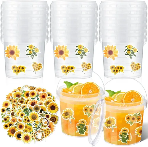 Vista 9 de PerKoop 20 cubos de helado de 32 onzas con tapas y asas, cubos transparentes de ron de cóctel con calcomanías, tina transparente de plástico