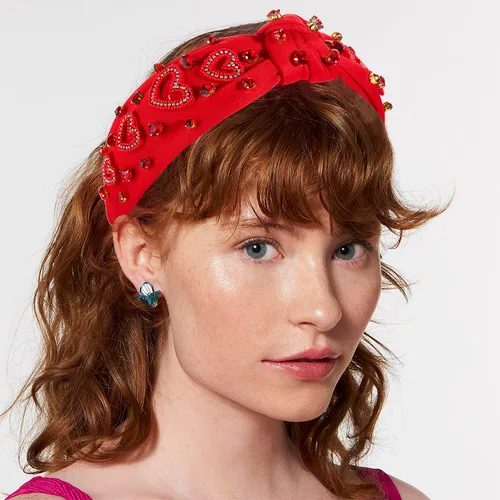 Vista 2 de MOLOCH Diadema de corazón rosa para mujer con diamantes de imitación, diadema de corazón con nudo de cristal, banda ancha de terciopelo a la moda