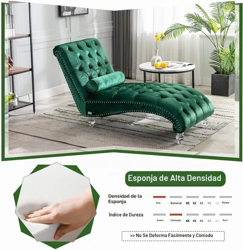 Vista 3 de Tumbona de terciopelo con almohada, moderna silla de descanso con botones copetudos con patas acrílicas, silla tapizada para interiores para sala