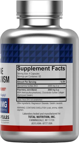 Vista 2 de Cápsulas de suplemento de glucosamina, condroitina y MSM (4000 mg x 240 cápsulas) para hombres y mujeres Potente suplemento de apoyo articular*