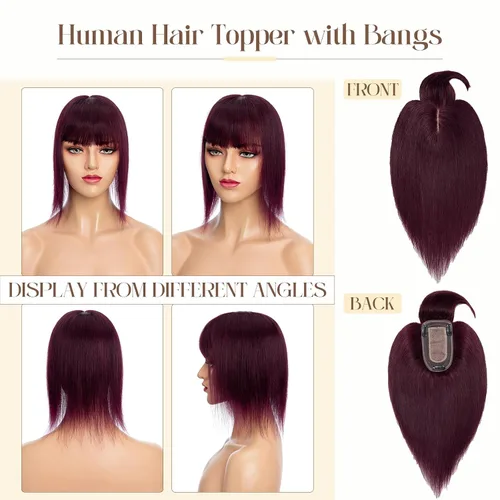 Vista 3 de Rich Choices Postizo capilar de cabello humano 100% real con flequillo - Postizo de cabello Remy real para mujeres con adelgazamiento en la parte