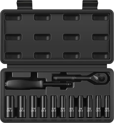 Vista 13 de Reniteco Juego de 25 piezas de llaves de casquillo de 1/2" de transmisión, SAE (3/8"- 1-1/2"), casquillos profundos, barras de extensión, reductor