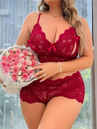 Vista 3 de WDIRARA Conjunto de lencería con aros y encaje floral de talla grande para mujer