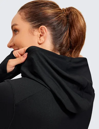 Vista 4 de CRZ YOGA Camiseta de manga larga para mujer, sudadera con capucha atlética, sudadera deportiva con agujero para el pulgar